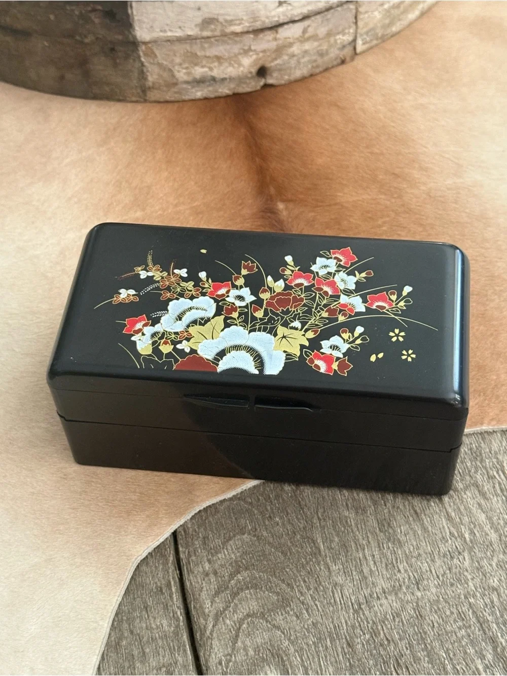 Vintage Asian Black Floral Lacquered Jewelry Box